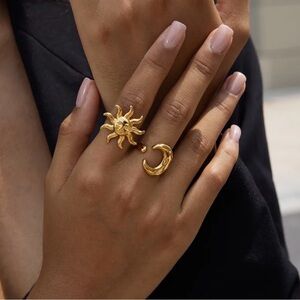 Gold Sun & Moon Ring Set – PVD Gold Stainless Steel Adjustable Celestial Rings